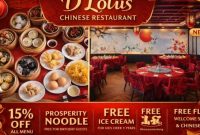 Poster promo D’Lotus Chinese Restaurant di Harper Palembang menampilkan menu dimsum autentik dan interior nuansa merah emas. Tersedia diskon 15%, free ice cream, dan free flow Chinese tea. (Foto: Harper Palembang)