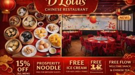 Poster promo D’Lotus Chinese Restaurant di Harper Palembang menampilkan menu dimsum autentik dan interior nuansa merah emas. Tersedia diskon 15%, free ice cream, dan free flow Chinese tea. (Foto: Harper Palembang)