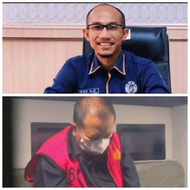 Kolase foto Seno Aji, Ketua Umum DPP KAMPUD, dan Dr. (HC) Ir. Arinal Djunaidi, mantan Gubernur Lampung yang kini berstatus tersangka kasus dugaan korupsi PI 10 persen PT LEB. Atas: Seno Aji saat menyampaikan dukungan agar praperadilan Arinal ditolak. Bawah: Arinal Djunaidi saat mengenakan rompi tahanan Kejati Lampung.