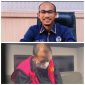 Kolase foto Seno Aji, Ketua Umum DPP KAMPUD, dan Dr. (HC) Ir. Arinal Djunaidi, mantan Gubernur Lampung yang kini berstatus tersangka kasus dugaan korupsi PI 10 persen PT LEB. Atas: Seno Aji saat menyampaikan dukungan agar praperadilan Arinal ditolak. Bawah: Arinal Djunaidi saat mengenakan rompi tahanan Kejati Lampung.
