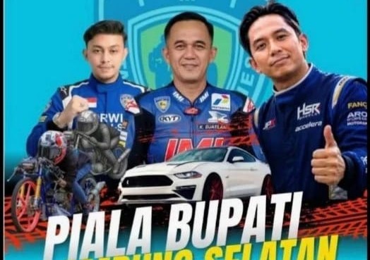 Poster ajang Piala Bupati Drag Race Tugu Putri Kabupaten Lampung Selatan tahun 2026. Event otomotif ini menampilkan balap motor dan mobil, didukung oleh Pemerintah Kabupaten Lampung Selatan. foto: Yudi