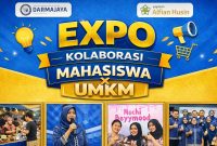 Poster resmi Expo Kolaborasi Mahasiswa X UMKM IIB Darmajaya yang akan digelar 25-26 Juni 2026 di Lapangan Basket Kampus Darmajaya. Kegiatan diikuti 130 UMKM binaan mahasiswa dengan konsep Outcome-Based Education OBE dan aksi sosial Donor Darah bersama PMI Lampung. Sumber: IIB Darmajaya
