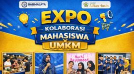 Poster resmi Expo Kolaborasi Mahasiswa X UMKM IIB Darmajaya yang akan digelar 25-26 Juni 2026 di Lapangan Basket Kampus Darmajaya. Kegiatan diikuti 130 UMKM binaan mahasiswa dengan konsep Outcome-Based Education OBE dan aksi sosial Donor Darah bersama PMI Lampung. Sumber: IIB Darmajaya
