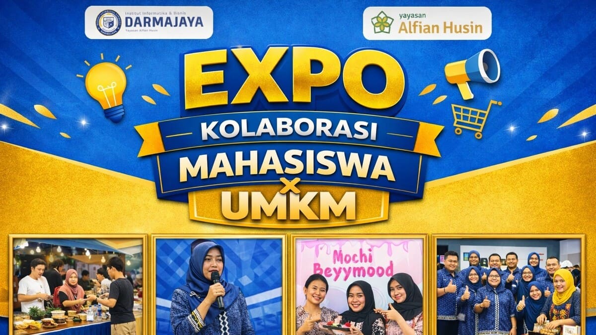 Poster resmi Expo Kolaborasi Mahasiswa X UMKM IIB Darmajaya yang akan digelar 25-26 Juni 2026 di Lapangan Basket Kampus Darmajaya. Kegiatan diikuti 130 UMKM binaan mahasiswa dengan konsep Outcome-Based Education OBE dan aksi sosial Donor Darah bersama PMI Lampung. Sumber: IIB Darmajaya