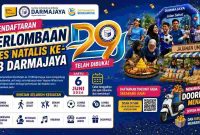 Poster pendaftaran perlombaan Dies Natalis ke-29 IIB Darmajaya yang digelar Sabtu 6 Juni 2026 di Bandar Lampung. Rangkaian kegiatan meliputi Jalan Sehat, Khitanan Massal, Lomba Tumpeng, SKJ, Futsal, Billiard, UMKM, dan doorprize sepeda motor listrik. (Sumber: IIB Darmajaya)