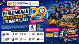Poster pendaftaran perlombaan Dies Natalis ke-29 IIB Darmajaya yang digelar Sabtu 6 Juni 2026 di Bandar Lampung. Rangkaian kegiatan meliputi Jalan Sehat, Khitanan Massal, Lomba Tumpeng, SKJ, Futsal, Billiard, UMKM, dan doorprize sepeda motor listrik. (Sumber: IIB Darmajaya)