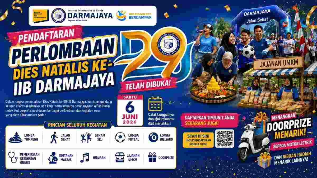 Poster pendaftaran perlombaan Dies Natalis ke-29 IIB Darmajaya yang digelar Sabtu 6 Juni 2026 di Bandar Lampung. Rangkaian kegiatan meliputi Jalan Sehat, Khitanan Massal, Lomba Tumpeng, SKJ, Futsal, Billiard, UMKM, dan doorprize sepeda motor listrik. (Sumber: IIB Darmajaya)