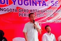 Anggota DPRD Kota Bandar Lampung Fraksi PDI Perjuangan, Dedi Yuginta, S.E., M.Si., memberikan sambutan pada kegiatan Sosialisasi Pembinaan Ideologi Pancasila dan Wawasan Kebangsaan di Kelurahan Kotabaru, Kecamatan Tanjung Karang Timur, Kota Bandar Lampung, Kamis 4 Juni 2026. 
