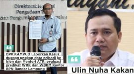 Ketua Umum DPP KAMPUD Seno Aji menyerahkan laporan ke Inspektur Jenderal ATR, Senin 9/6/2026. KAMPUD minta evaluasi predikat WBK-WBBM BPN Bandar Lampung buntut dugaan bocor data pribadi. Kanan: Ulin Nuha, Kepala Kantor Pertanahan Kota Bandar Lampung. [Foto: Dok/KAMPUD]