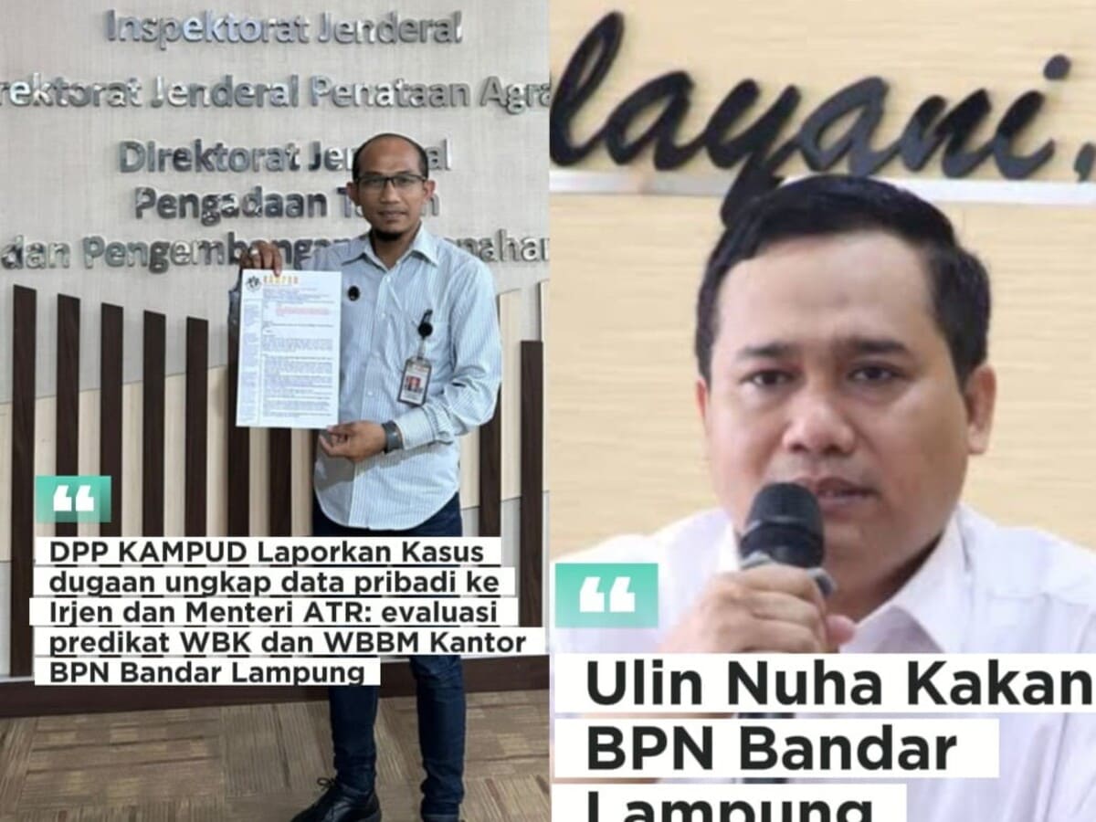 Ketua Umum DPP KAMPUD Seno Aji menyerahkan laporan ke Inspektur Jenderal ATR, Senin 9/6/2026. KAMPUD minta evaluasi predikat WBK-WBBM BPN Bandar Lampung buntut dugaan bocor data pribadi. Kanan: Ulin Nuha, Kepala Kantor Pertanahan Kota Bandar Lampung. [Foto: Dok/KAMPUD]