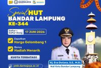 Flyer program spesial HUT ke-344 Bandar Lampung dari IIB Darmajaya. Daftar + daftar ulang tanggal 17 Juni 2026 dapat harga Gelombang 1 dan bonus hadiah menarik. Kuota terbatas. Foto: Dok. IIB Darmajaya