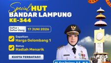 Flyer program spesial HUT ke-344 Bandar Lampung dari IIB Darmajaya. Daftar + daftar ulang tanggal 17 Juni 2026 dapat harga Gelombang 1 dan bonus hadiah menarik. Kuota terbatas. Foto: Dok. IIB Darmajaya