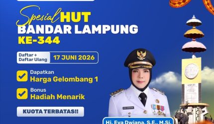 Flyer pendaftaran Gelombang 1 Darmajaya 150K spesial HUT ke-344 Bandar Lampung 17 Juni 2026 Wali Kota Eva Dwiana