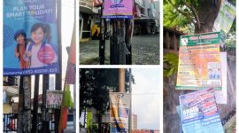 Kolase Foto: Banner dan spanduk iklan terpasang di tiang listrik, tiang wifi, dan pohon di beberapa titik Kota Bandar Lampung, Jumat (26/6/2026). PROYEKSI.ID