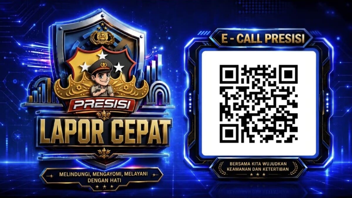 Tampilan QR Code "E-Call Presisi - Lapor Cepat" Aplikasi Siger Lampung Presisi milik Polda Lampung. Aplikasi ini mempercepat pelaporan tindak kriminal dan koordinasi antarsatuan seperti pengungkapan pencurian rambu Chevron di Tol Terpeka 27 Juni 2026. (Proyeksi.id/Polda Lampung)