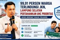 Infografis capaian kepesertaan Program Jaminan Kesehatan Nasional JKN di Kabupaten Lampung Selatan per Juni 2026. Cakupan kepesertaan mencapai 99,91 persen dengan 930.390 peserta aktif, sehingga status Universal Health Coverage UHC Prioritas tetap terjaga. 
