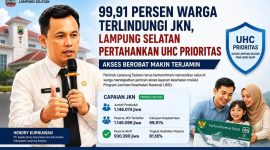 Infografis capaian kepesertaan Program Jaminan Kesehatan Nasional JKN di Kabupaten Lampung Selatan per Juni 2026. Cakupan kepesertaan mencapai 99,91 persen dengan 930.390 peserta aktif, sehingga status Universal Health Coverage UHC Prioritas tetap terjaga. 