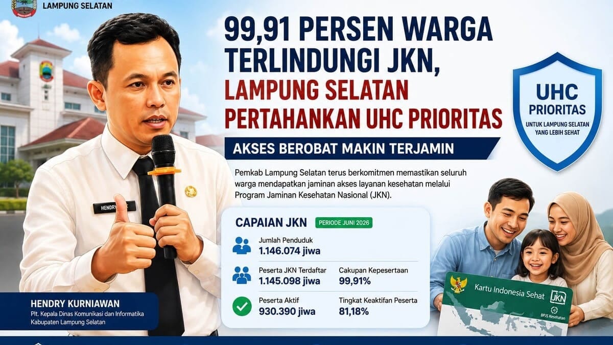 Infografis capaian kepesertaan Program Jaminan Kesehatan Nasional JKN di Kabupaten Lampung Selatan per Juni 2026. Cakupan kepesertaan mencapai 99,91 persen dengan 930.390 peserta aktif, sehingga status Universal Health Coverage UHC Prioritas tetap terjaga.