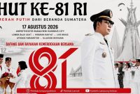 Poster perayaan HUT ke-81 RI "Merah Putih dari Beranda Sumatera" di Amphitheater Bakauheni Harbour City, 17 Agustus 2026. Masyarakat diajak hadir untuk upacara, lomba baju adat, live music, hingga atraksi paramotor. Sumber: Pemkab Lampung Selatan