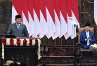Presiden Prabowo Subianto menyampaikan pidato kenegaraan pada Sidang Tahunan MPR RI serta Sidang Bersama DPR RI dan DPD RI di Gedung Nusantara, Kompleks Parlemen, Jakarta, Jumat (14/8/2026). FOTO: BPMI Setpres